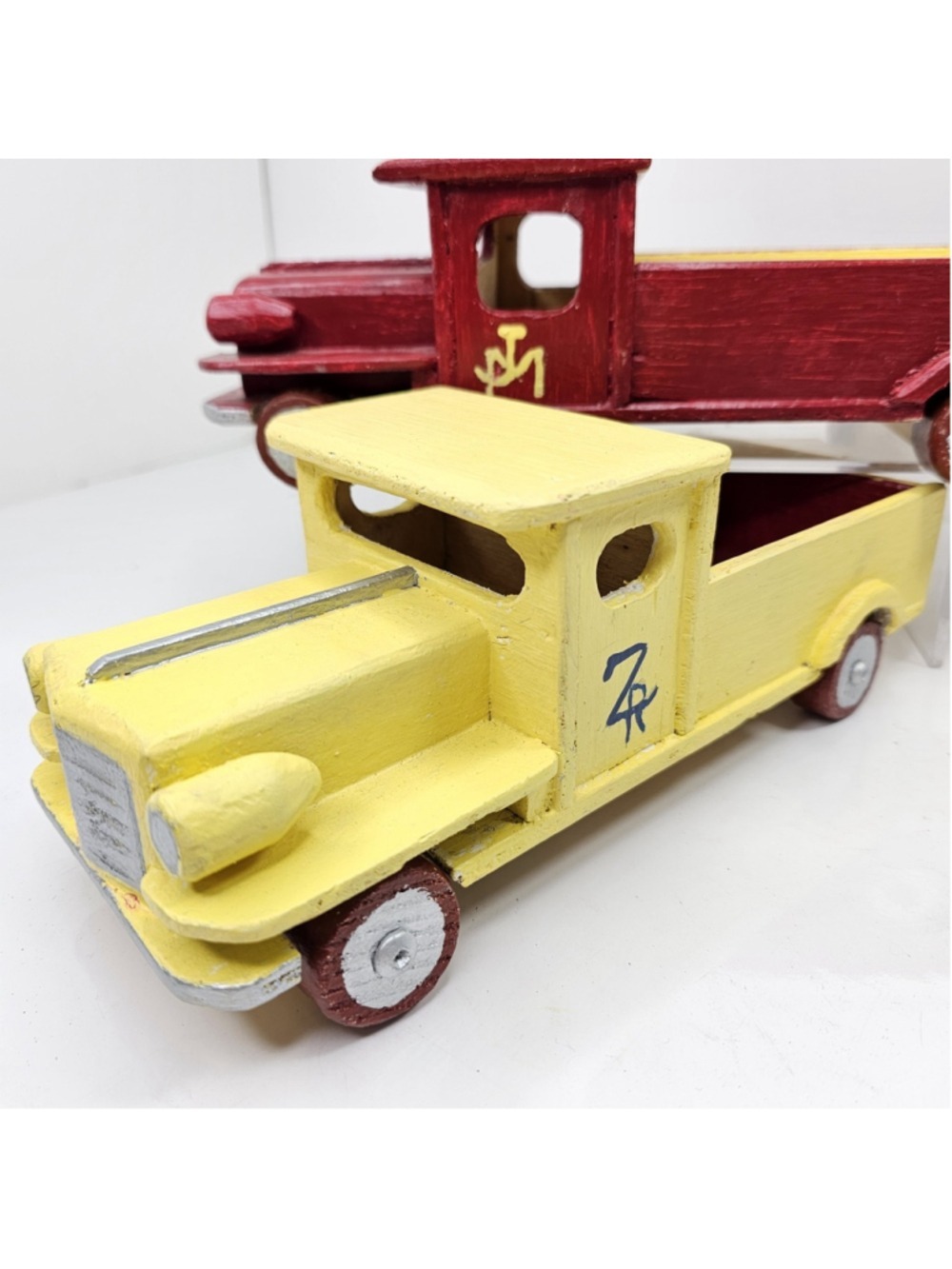 Handmade Wooden Folk Art Toy Trucks Pair Rolling Wheels Roubo’s Wood Cars VTG